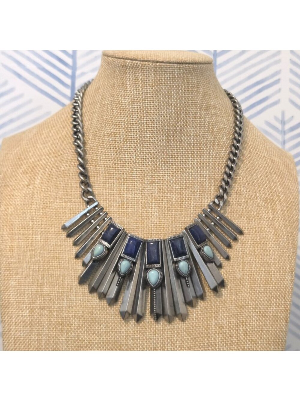 Silver Tone Sodalite & Blue Dyed Howlite Gemstone Inlay 20" Statement Necklace